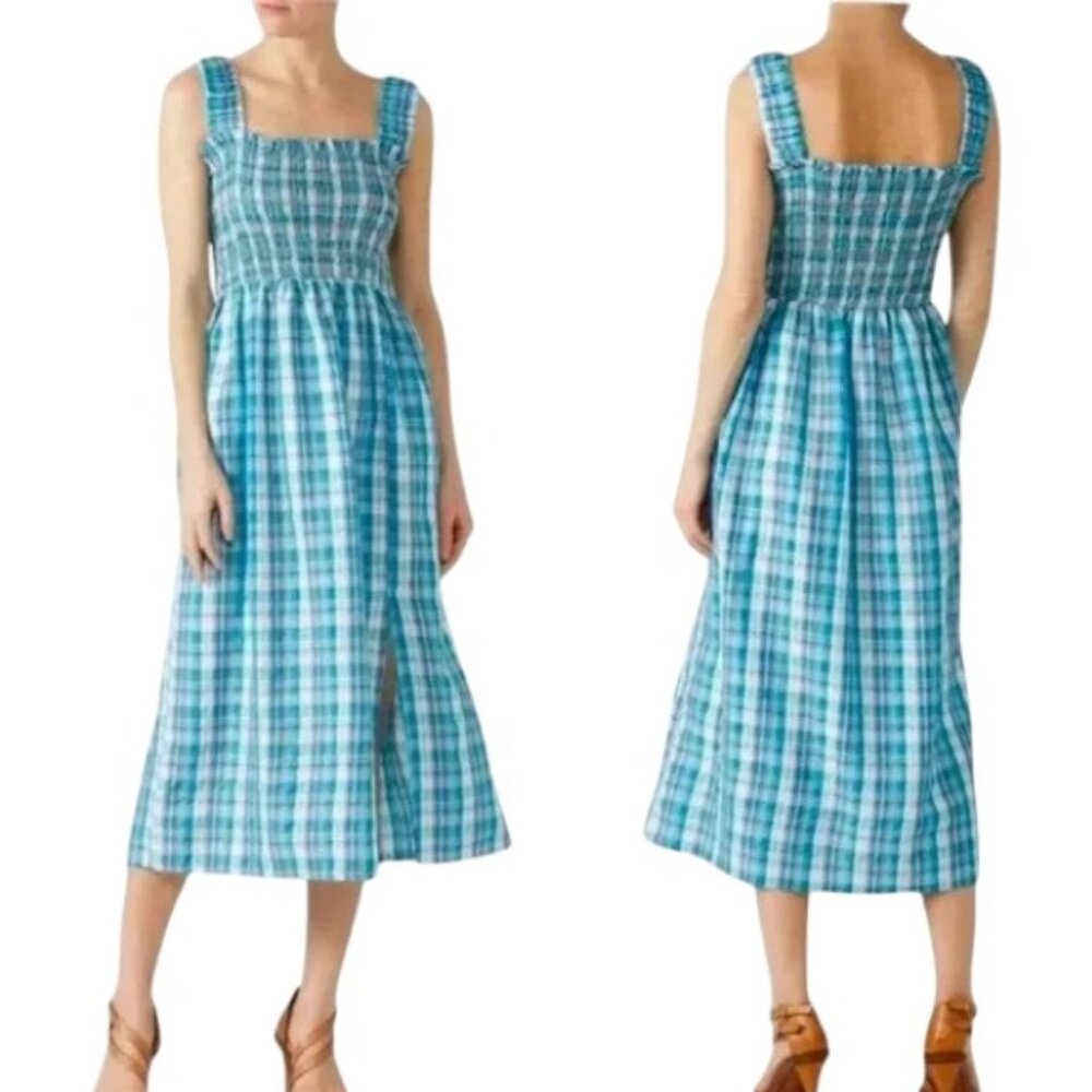 Nicholas Cotton Smocked Apron Plaid Midi Dress US 12 Aqua Turquoise